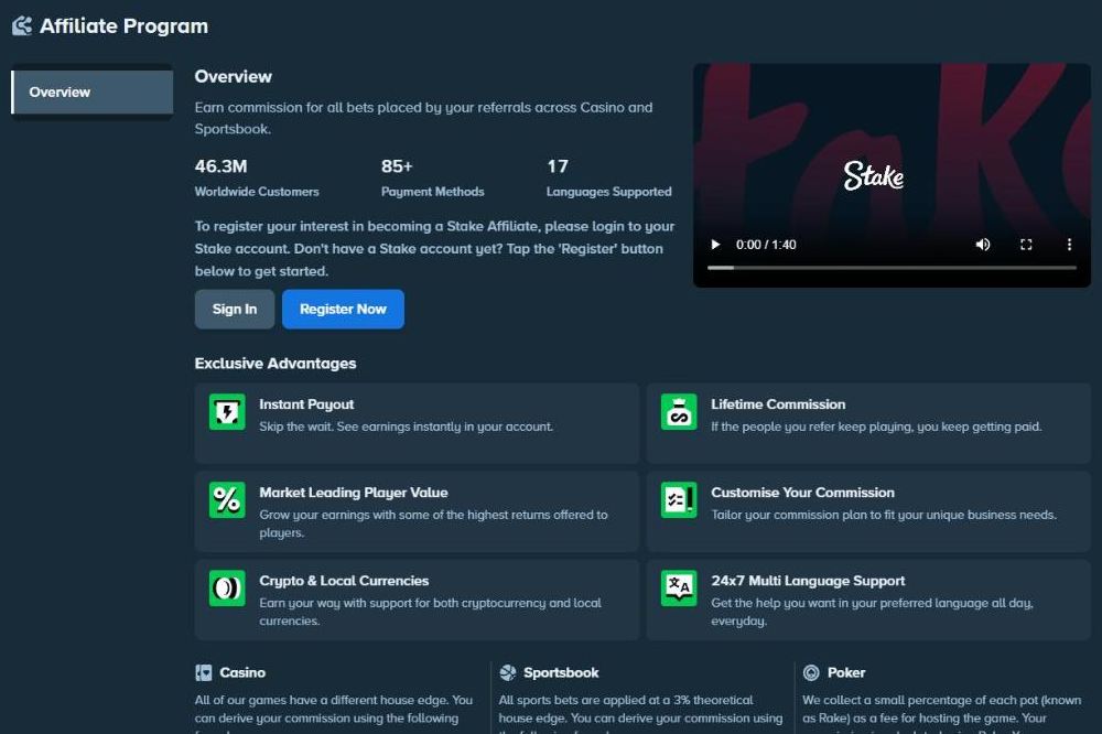 Stake Affiliate Program overview with 46.3M worldwide customers, 85+ payment methods, 17 languages and advantages such as instant payout and lifetime commission