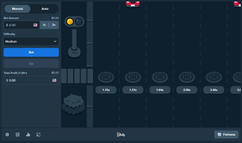 Stake Chicken game with traffic light, road lanes, manhole tiles marked 1.15x, 1.37x, 1.64x, 2.00x and 2.46x, Medium difficulty and Bet and Go buttons