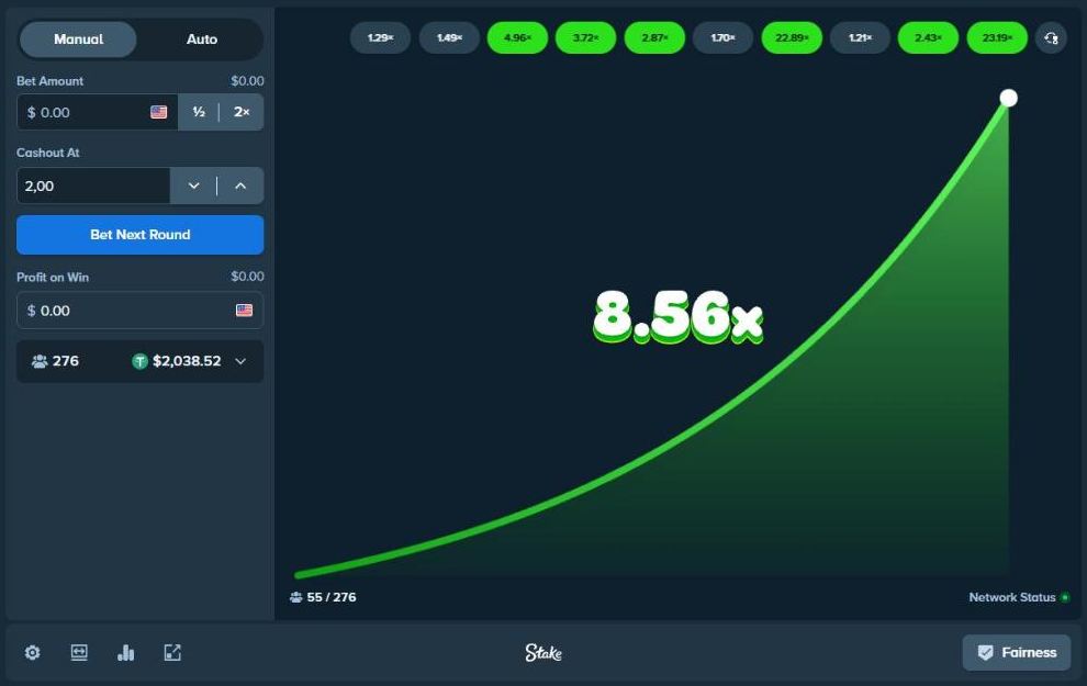 Stake Crash with a green curve at 8.56x, recent results above the graph, Cashout At 2.00 and Bet Next Round button