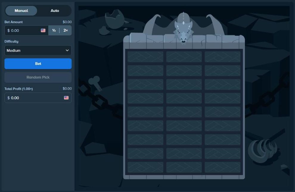 Stake Dragon Tower on Medium with a dragon on top of a tower of nine rows with three tiles each, Bet and Random Pick buttons