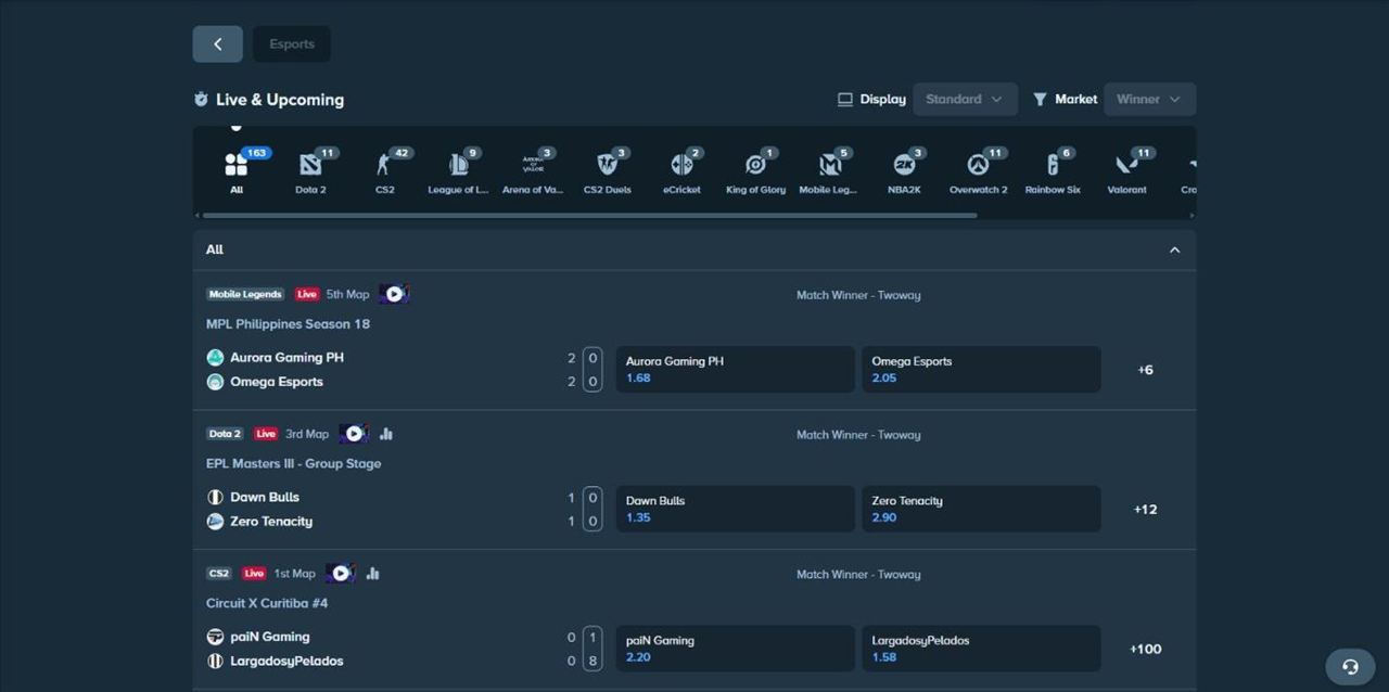 Stake esports page with an icon row of Dota 2, CS2, League of Legends, Valorant and other titles and live Mobile Legends, Dota 2 and CS2 matches