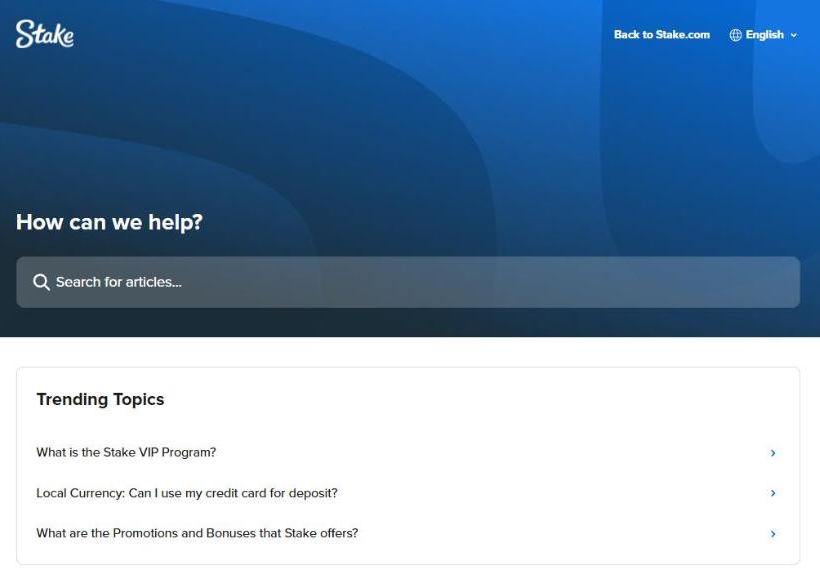 Stake Help Center home with the How can we help search field and Trending Topics about the VIP program, local currency deposits and promotions
