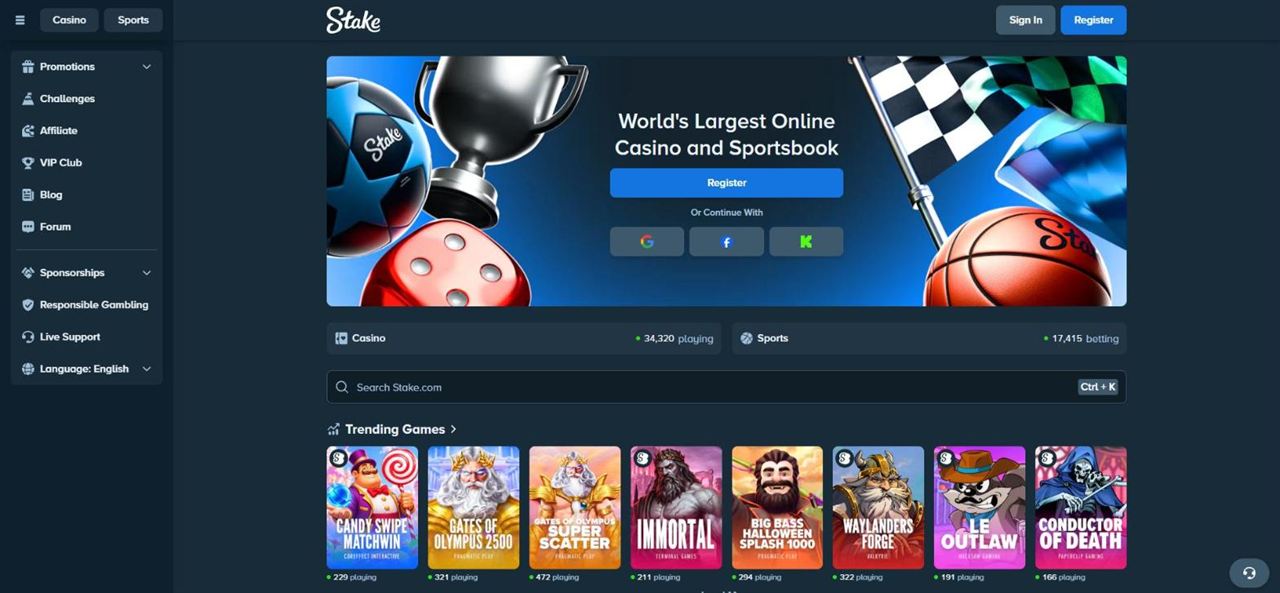 Stake.com home page with the Register button, casino and sportsbook sections