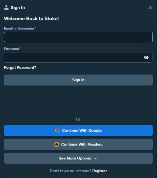 Stake Sign In window with Email or Username, Password, Forgot Password, Sign In, Continue With Google, Continue With Passkey and See More Options