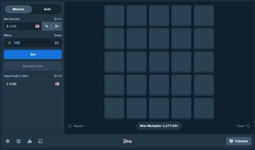 Stake Mines with a 5x5 grid, the Mines slider set to 3 mines and 22 gems, Bet and Random Pick buttons and Max Multiplier 2,277.00x