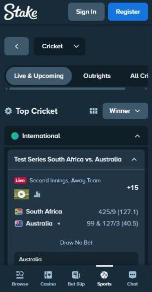 Stake mobile cricket page with Live and Upcoming, Top Cricket, a live Test match and the bottom bar with Bet Slip