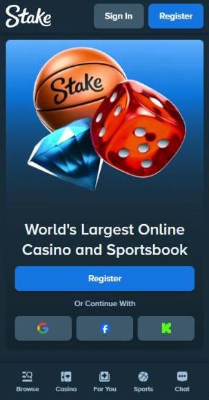 Stake mobile home screen with Sign In and Register, the World's Largest Online Casino and Sportsbook banner and the bottom bar Browse, Casino, For You, Sports and Chat