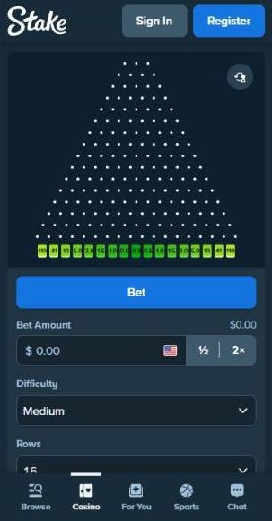 Stake Plinko on a phone with the pyramid, pots from 110x to 0.3x, the Bet button, bet amount and Medium difficulty