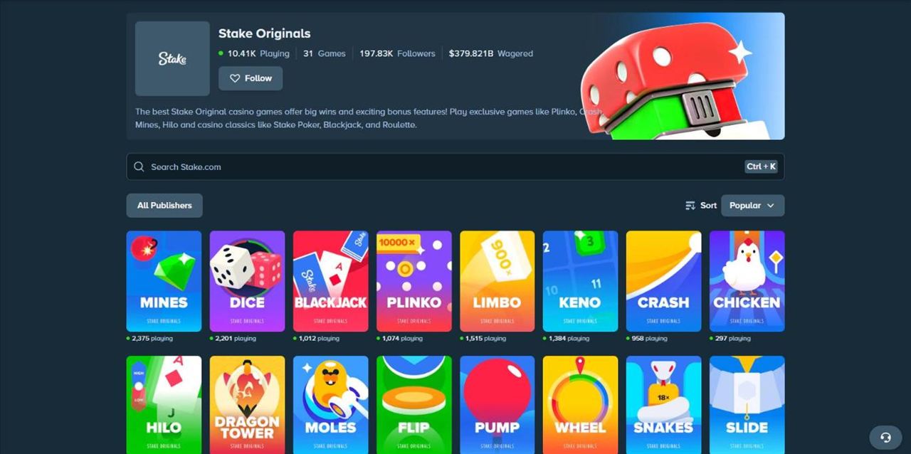 Stake Originals lobby with 31 games, follower and wagered counters and tiles for Mines, Dice, Blackjack, Plinko, Limbo, Keno, Crash and Chicken
