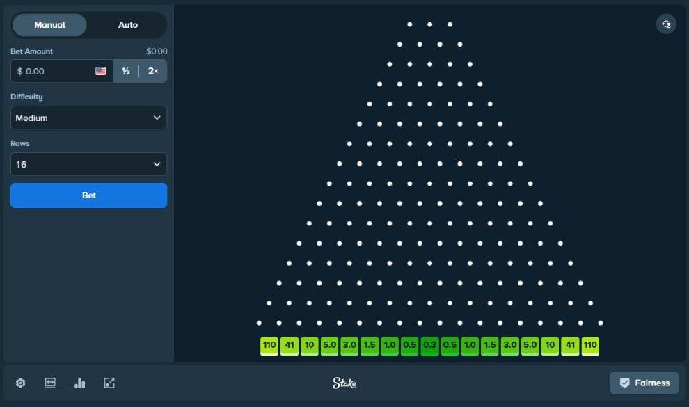 Stake Plinko game with Manual and Auto tabs, bet amount, Medium difficulty, 16 rows and multiplier pots from 110x to 0.3x