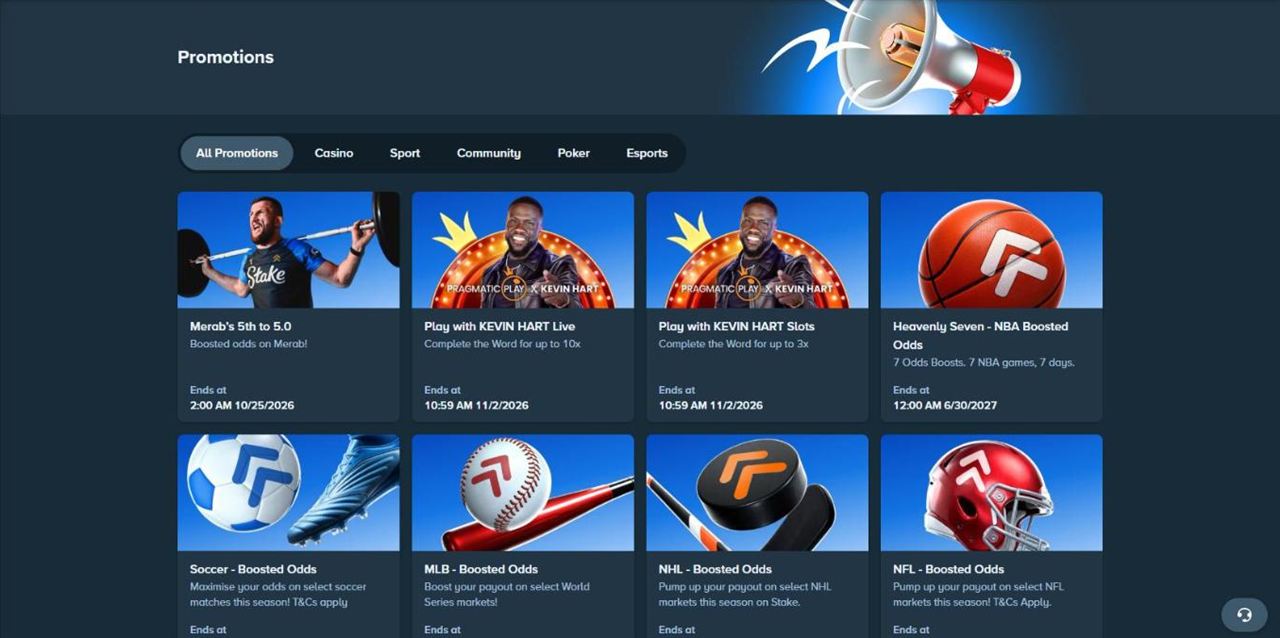 Stake Promotions page with the Merab's 5th to 5.0 boosted odds offer and other sports promotions