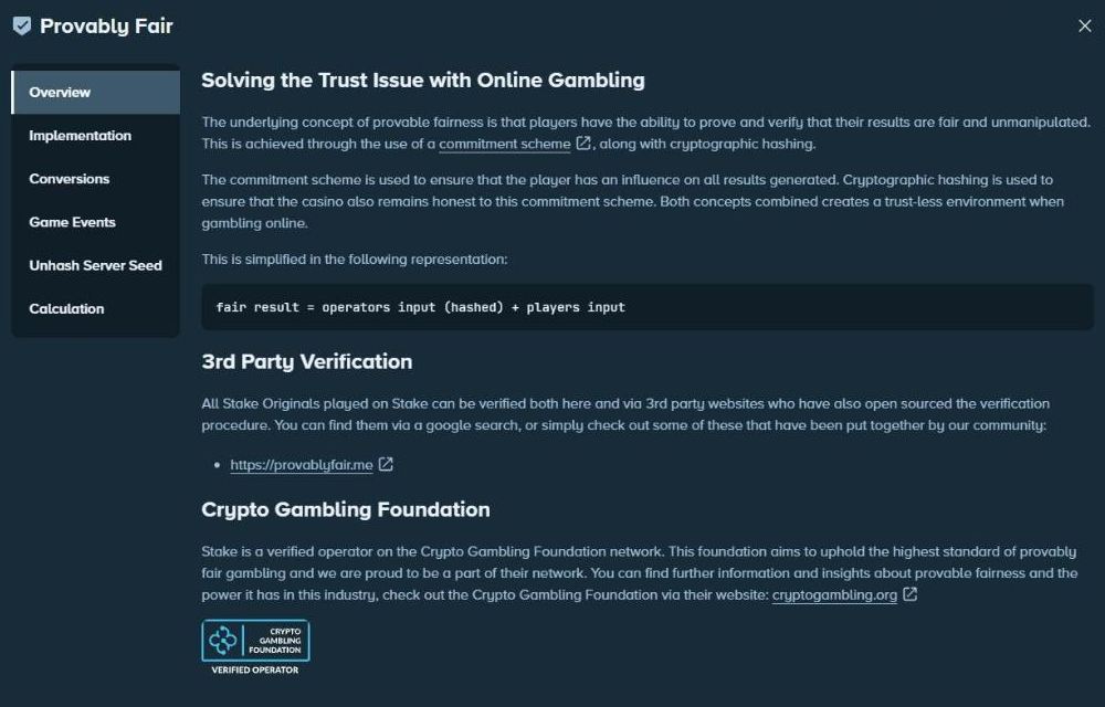 Stake Provably Fair overview with tabs Implementation, Conversions, Game Events, Unhash Server Seed and Calculation, and a Crypto Gambling Foundation verified operator badge