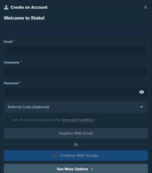 Stake Create an Account form with Email, Username, Password, Referral Code (Optional), the 18+ checkbox, Register With Email and Continue With Google