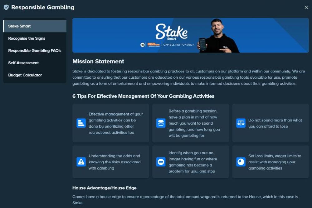 Stake responsible gambling section where account closure, breaks and self-exclusion are managed