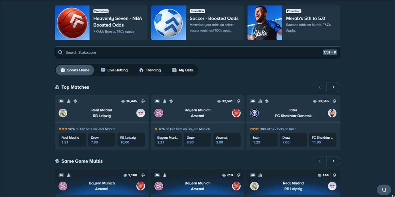 Stake sportsbook home with boosted odds promotions, Sports Home, Live Betting and Trending tabs, Top Matches and the Top Sports menu